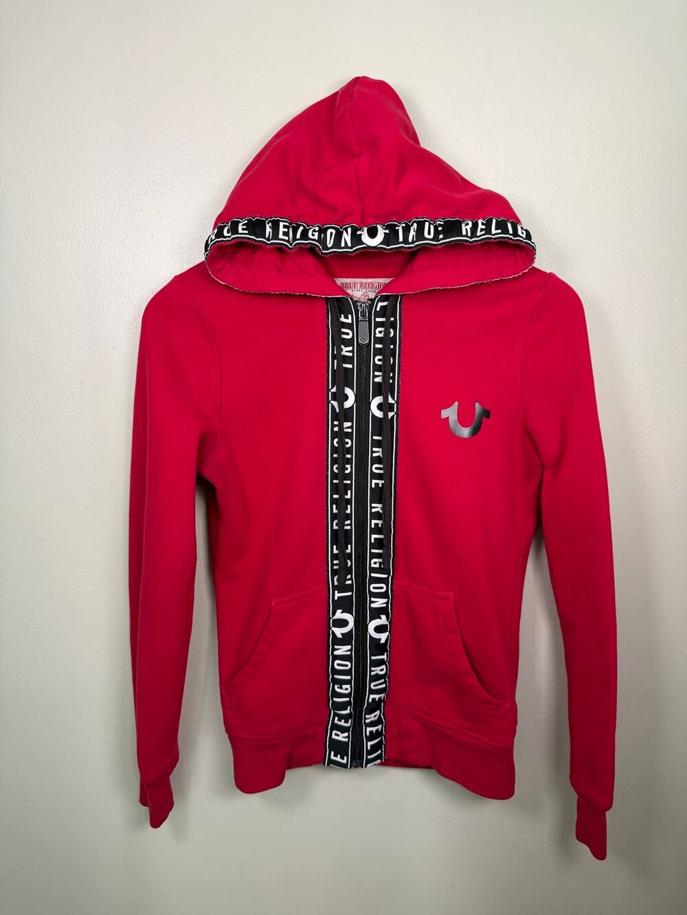 True Religion Women's XS Full Zip Hoodie Red Cotton Blend Pockets Streetwear GUC